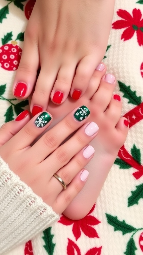 Elegant Christmas nail and toe art with red and green designs, featuring snowflakes and glitter.
